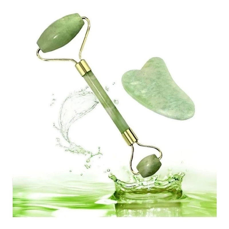 Kit Rolo de Jade + Gua Sha Facial | Massageador Facial para Skincare e Relaxamento
